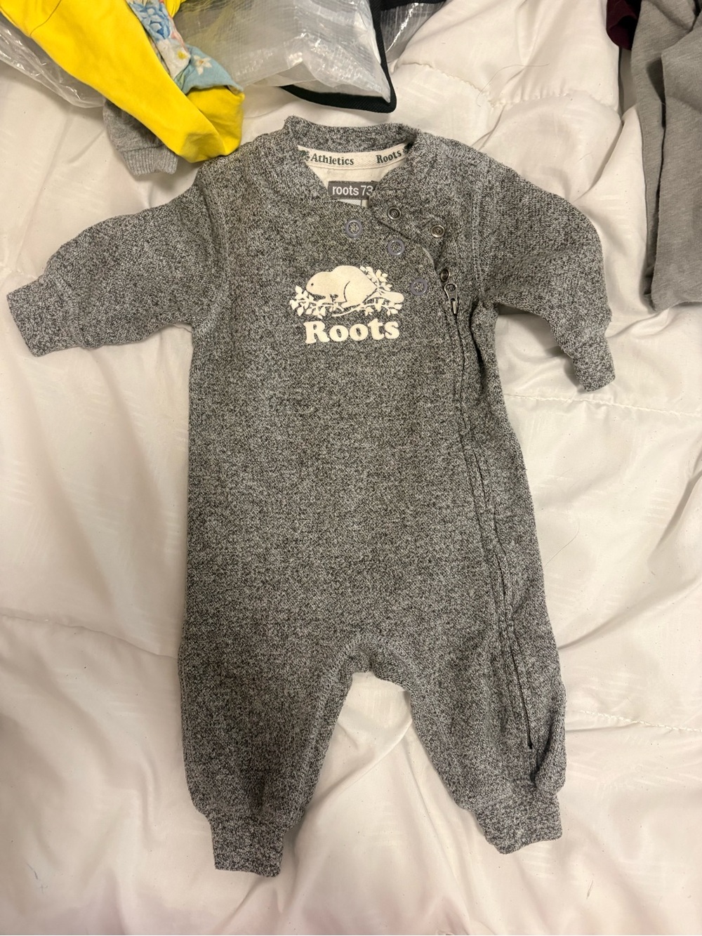 Roots Gray Heather Infant One-Piece Footie with Logo 3-6 months